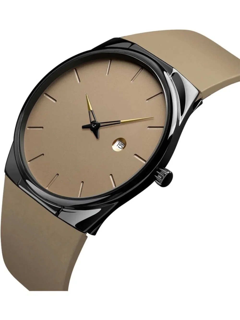 Men's Khaki Quartz Casual Silicone Strap 30m Water Resistant Sports Wrist Watch